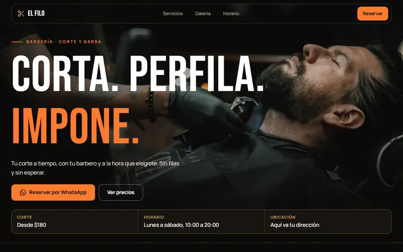 Portada de la página de ejemplo de Barbería El Filo